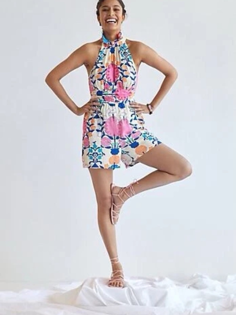 Anthropologie Floral Halter Romper in Pink, Blue & Cream new without tags
